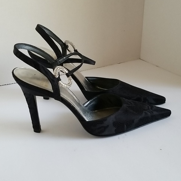 Stuart Weitzman Black PointyToe Heels w Rhinestones,Open Back with Strap… - Picture 2 of 2